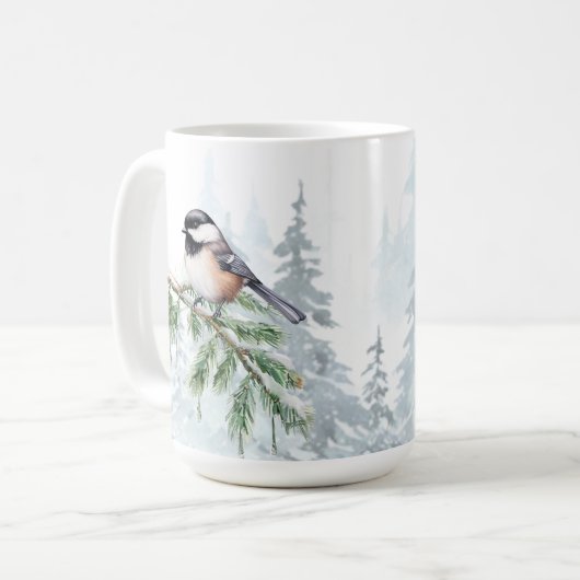 Watercolor Winter Spruce Tree Chickadee  コーヒーマグカップ (正面左)