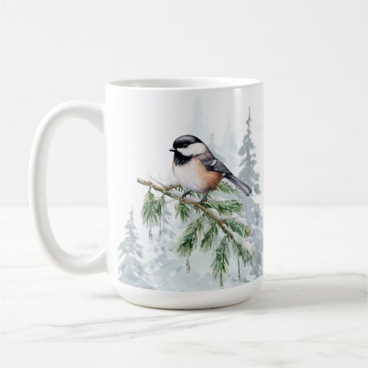 Watercolor Winter Spruce Tree Chickadee  コーヒーマグカップ (左)