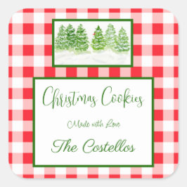 Watercolor Winter Trees Red Check COOKIES スクエアシール