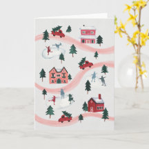 Watercolor Winter Village Scene Holiday Card