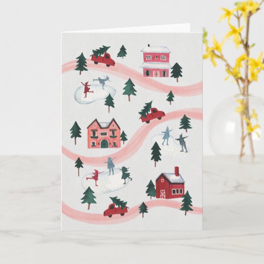 Watercolor Winter Village Scene Holiday Card カード (黄色い花)