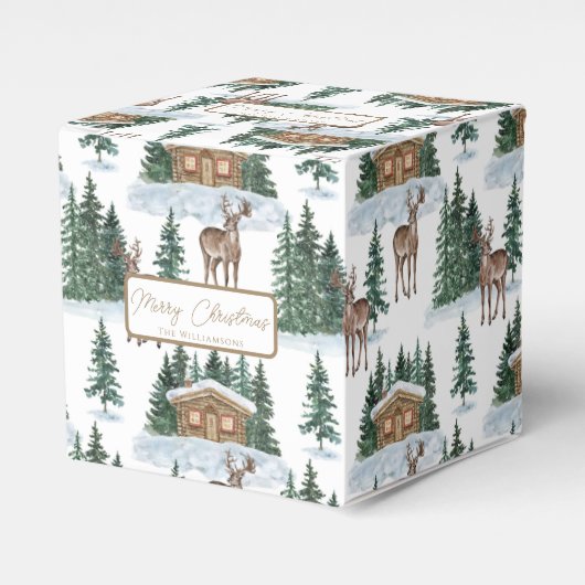 Watercolor Winter Wonderland Rustic Barn Christmas フェイバーボックス (正面サイド)