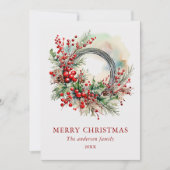 Watercolor Winter Wreath with Red Berrie Christmas シーズンカード (正面)