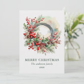 Watercolor Winter Wreath with Red Berrie Christmas シーズンカード (スタンド正面)