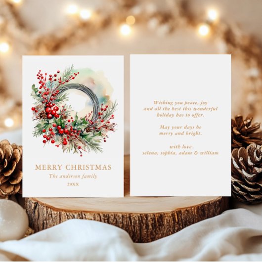 Watercolor Winter Wreath with Red Berrie Christmas シーズンカード