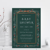 Watercolor Winterberry Frame Baby Shower Green 招待状