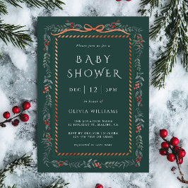 Watercolor Winterberry Frame Baby Shower Green 招待状
