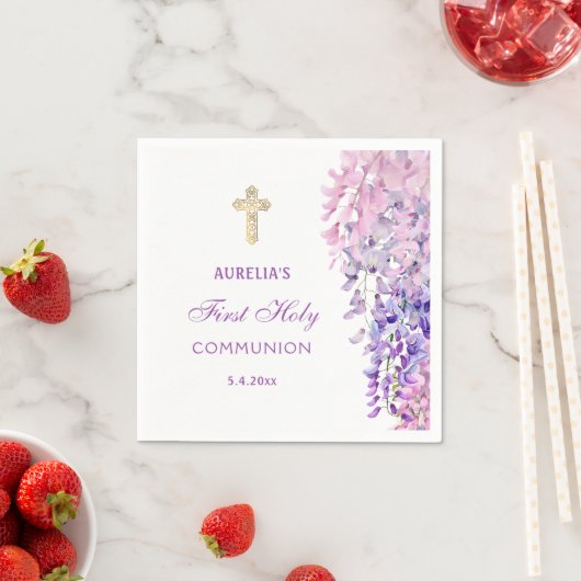 Watercolor Wisteria First Communion スタンダードカクテルナプキン (インサイチュ)