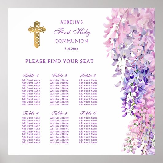 Watercolor Wisteria First Communion Seating Chart ポスター (正面)