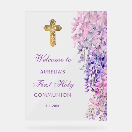 Watercolor Wisteria First Communion Welcome アクリルサイン (正面)