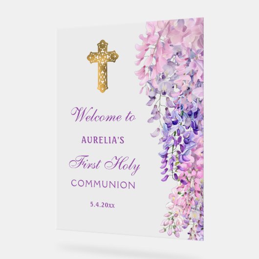 Watercolor Wisteria First Communion Welcome アクリルサイン (傾斜)