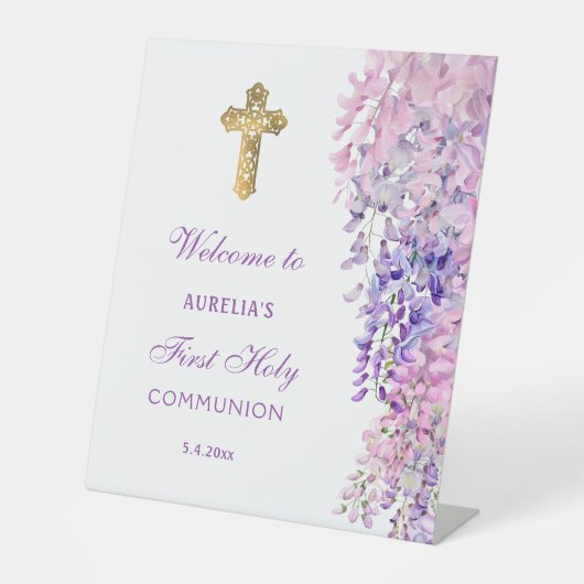 Watercolor Wisteria First Communion Welcome 台座サイン (正面)