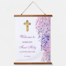 Watercolor Wisteria First Communion Welcome 吊り下げ型タペストリー