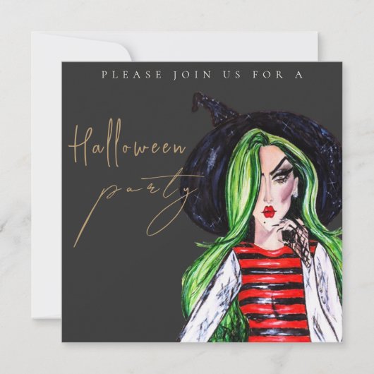 Watercolor Witch Adult Halloween Party Invitation 招待状 (正面)