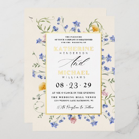 Watercolor Wldflowers Meadow details RSVP Wedding 箔招待状 (正面/裏面)