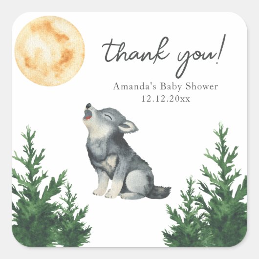 Watercolor Wolf Baby Shower Thank you スクエアシール (正面)