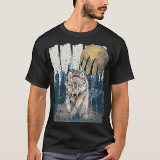 Watercolor Wolf in the Forest Full Yellow Moon Tシャツ