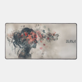 Watercolor Woman Silhouette with Hearts デスクマット