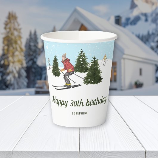 Watercolor Women Skiing Custom Winter Birthday 紙コップ