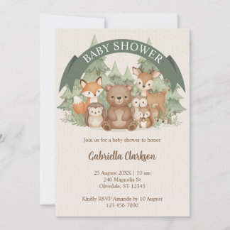 Watercolor Woodland Animals Baby Shower 招待状