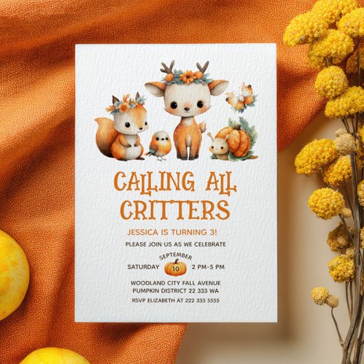 Watercolor Woodland Animals Fall Kids' Birthday 招待状