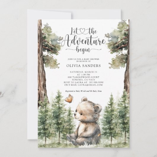 Watercolor Woodland Bear Baby Shower 招待状 (正面)