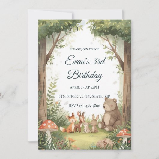 Watercolor Woodland Creatures Birthday Invite 招待状 (正面)