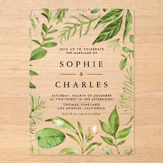 Watercolor Woodland Greenery Frame Wedding アクリル招待状 (正面)