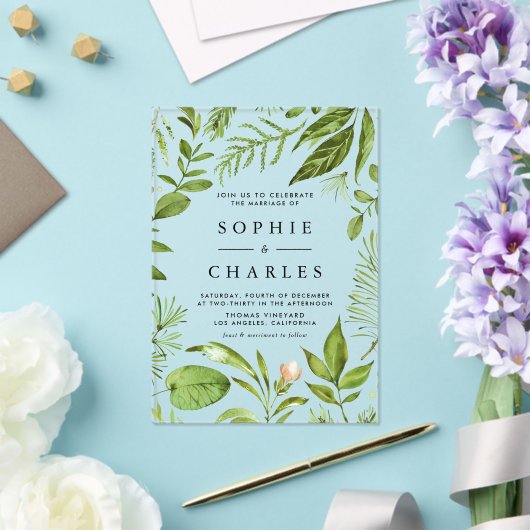 Watercolor Woodland Greenery Frame Wedding アクリル招待状 (インサイチュ (ウェディング))