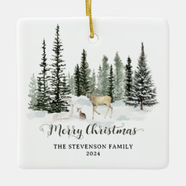 Watercolor Woodland Merry Christmas Photo セラミックオーナメント