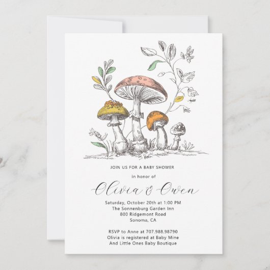 Watercolor Woodland Mushrooms Baby Shower 招待状 (正面)