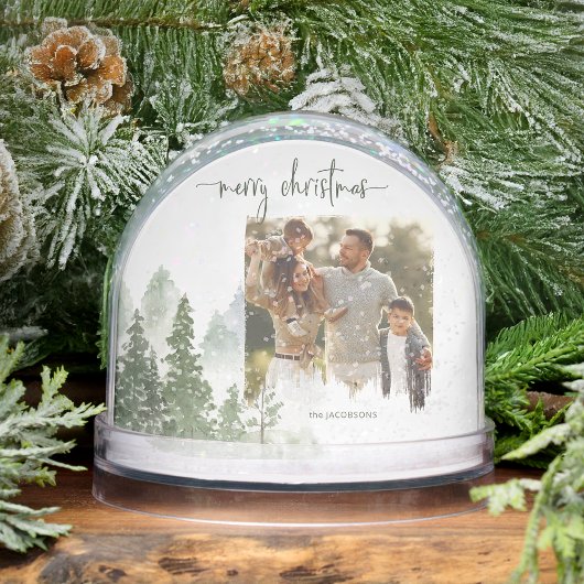 Watercolor Woods Merry Christmas Photo Snow Globe