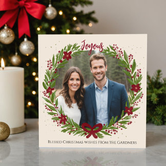 Watercolor Wreath Chic Green Red Bow Modern Photo シーズンカード