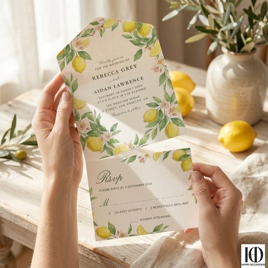Watercolor Wreath Mediterranean Citrus Wedding オールインワン招待状
