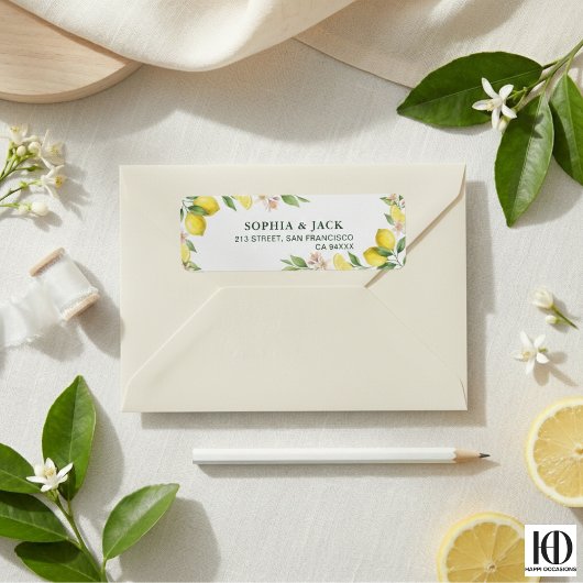 Watercolor Wreath Mediterranean Citrus Wedding ラベル