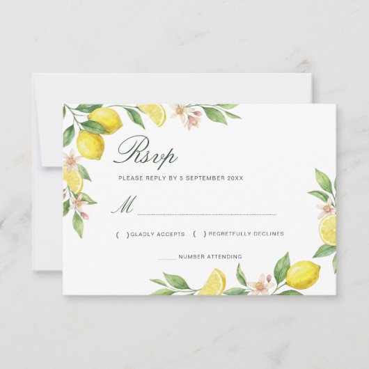 Watercolor Wreath Mediterranean Citrus Wedding 出欠カード (正面)