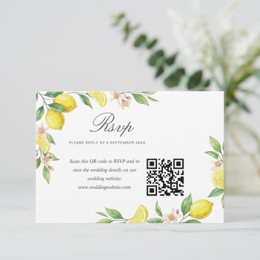 Watercolor Wreath Mediterranean Citrus Wedding 出欠カード (スタンド正面)