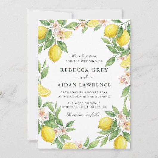 Watercolor Wreath Mediterranean Citrus Wedding 招待状 (正面)