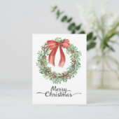 Watercolor Wreath Red Bow Merry Christmas シーズンカード (スタンド正面)