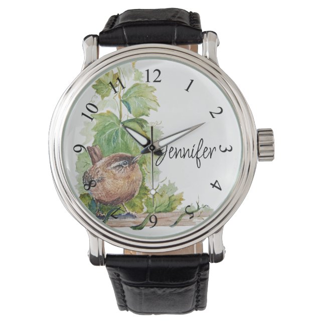 Watercolor Wren Bird Vineyard Grapes Leaves Winery 腕時計 (正面)