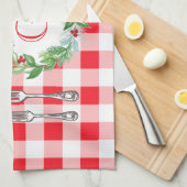 Watercolor Xmas Wreath MONOGRAM Red Check  キッチンタオル (四つ折り)