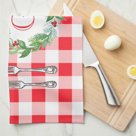 Watercolor Xmas Wreath MONOGRAM Red Check  キッチンタオル (四つ折り)
