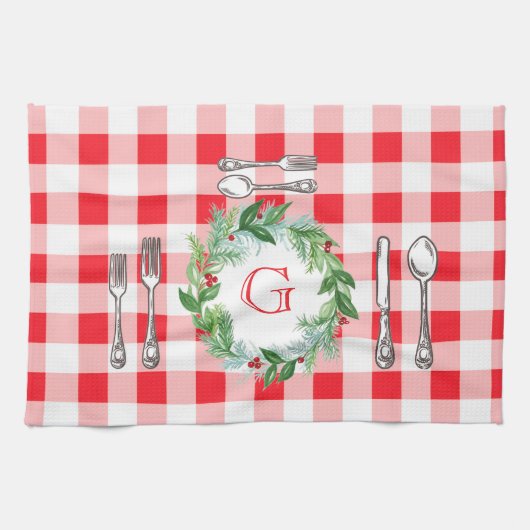 Watercolor Xmas Wreath MONOGRAM Red Check  キッチンタオル (横)