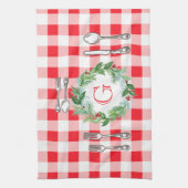 Watercolor Xmas Wreath MONOGRAM Red Check  キッチンタオル (縦)