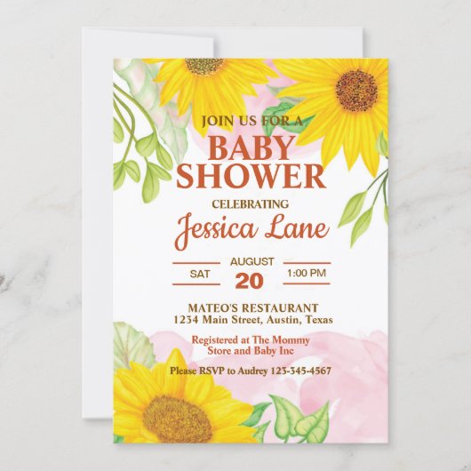 Watercolor Yellow and Brown Sunflower Baby Shower 招待状 (正面)