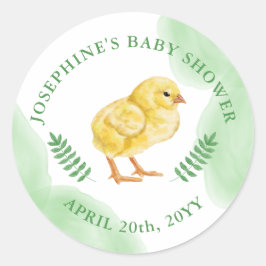 Watercolor Yellow Chick With Green Baby Shower ラウンドシール