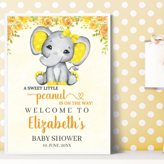Watercolor Yellow Elephant Baby shower girl ポスター