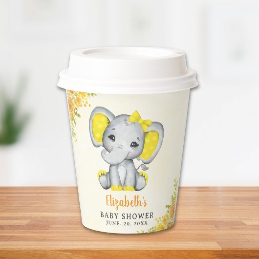 Watercolor Yellow Elephant Baby shower Girl 紙コップ