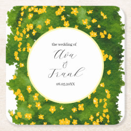 Watercolor Yellow Floral Garden White Wedding スクエアペーパーコースター