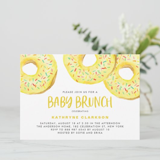 Watercolor Yellow Sprinkle Donuts Baby Brunch 招待状 (スタンド正面)